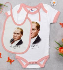 BK Kids Atatürk Temalı Pembe Bebek Body Zıbın ve Mama Önlüğü Hediye Seti-12