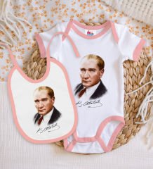 BK Kids Atatürk Temalı Pembe Bebek Body Zıbın ve Mama Önlüğü Hediye Seti-12