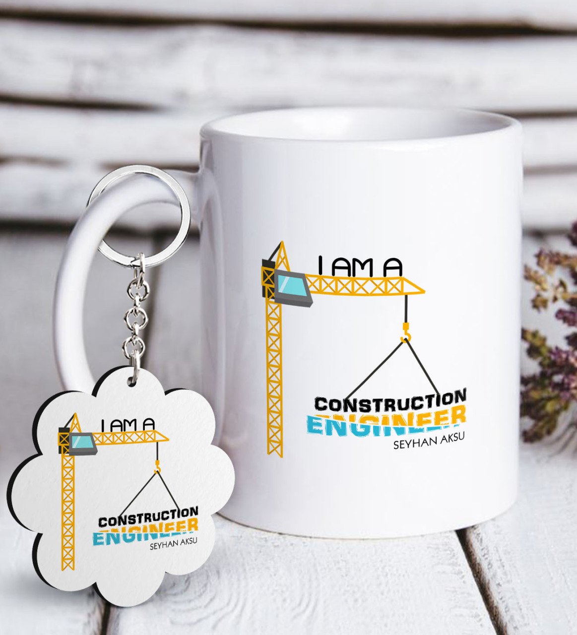 Kişiye Özel Mesleki İnşaat Mühendisi Beyaz Kupa ve Anahtarlık Hediye Seti-1
