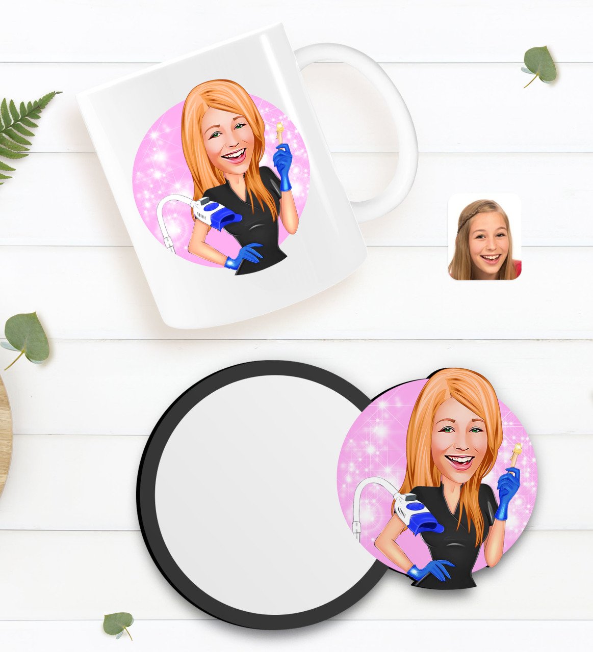 Kişiye Özel Kadın Güzellik Uzmanı Karikatürlü Beyaz Kupa ve Ahşap Bardak Altlığı Hediye Seti-2