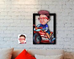 Kişiye Özel Motorcu Çocuk Karikatürlü 3D Ahşap Tablo-1