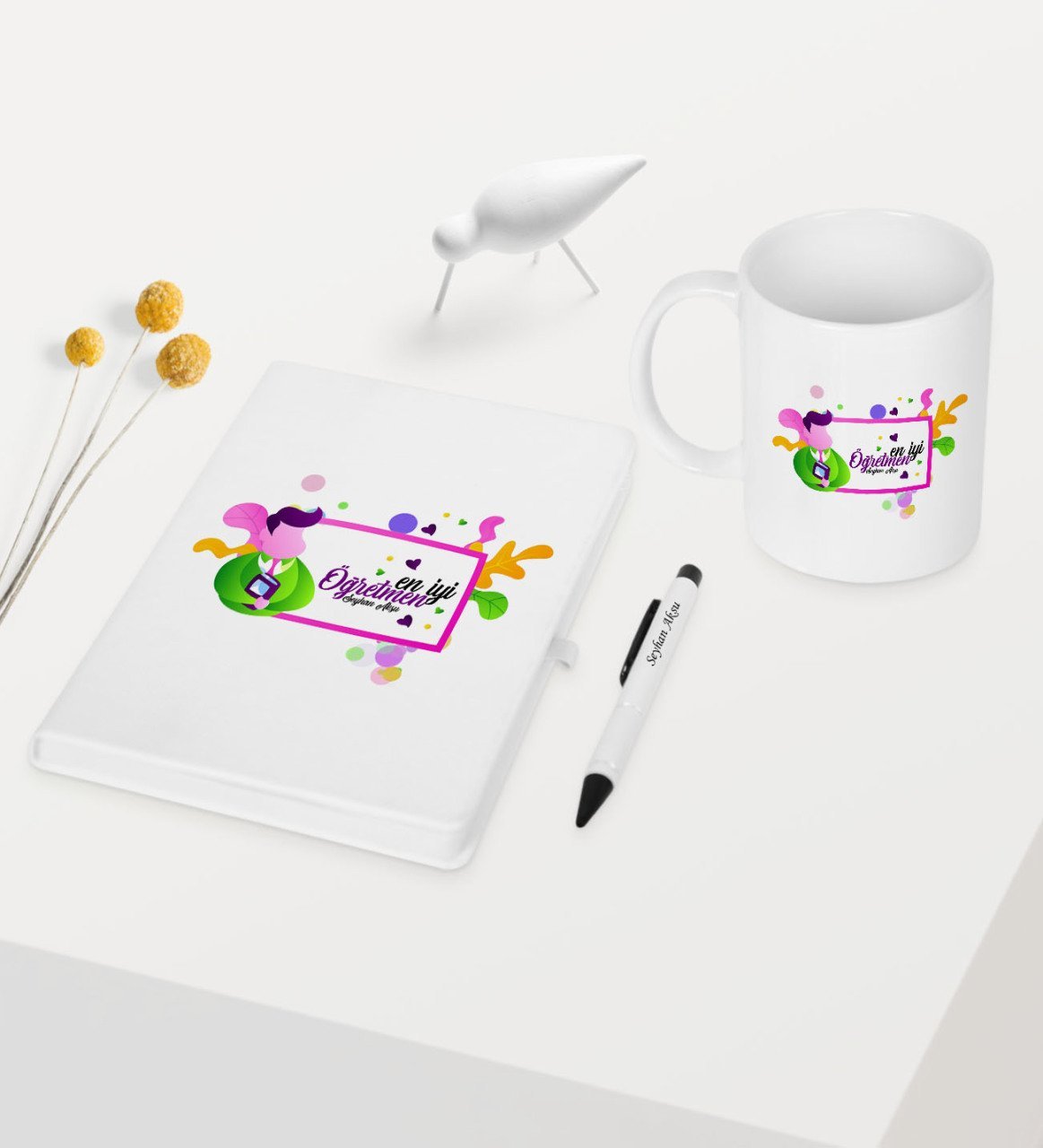 Kişiye Özel En İyi Öğretmen Temalı Beyaz Defter Kalem Kupa Seti - 1