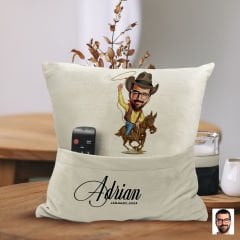 BK Gift Kişiye Özel Kovboy Karikatür Tasarımlı Organizer Kumanda ve Atıştırmalık Cepli Sarı Kırlent Yastık-1 Arkadaşa Hediye, Cepli Yastık
