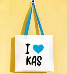 BK Gift I Love Kaş Turkuaz Renkli Kulp Gabardin Bez Çanta 40x35cm, Baskılı Omuz Çantası, Alışveriş Çantası, Plaj Çantası