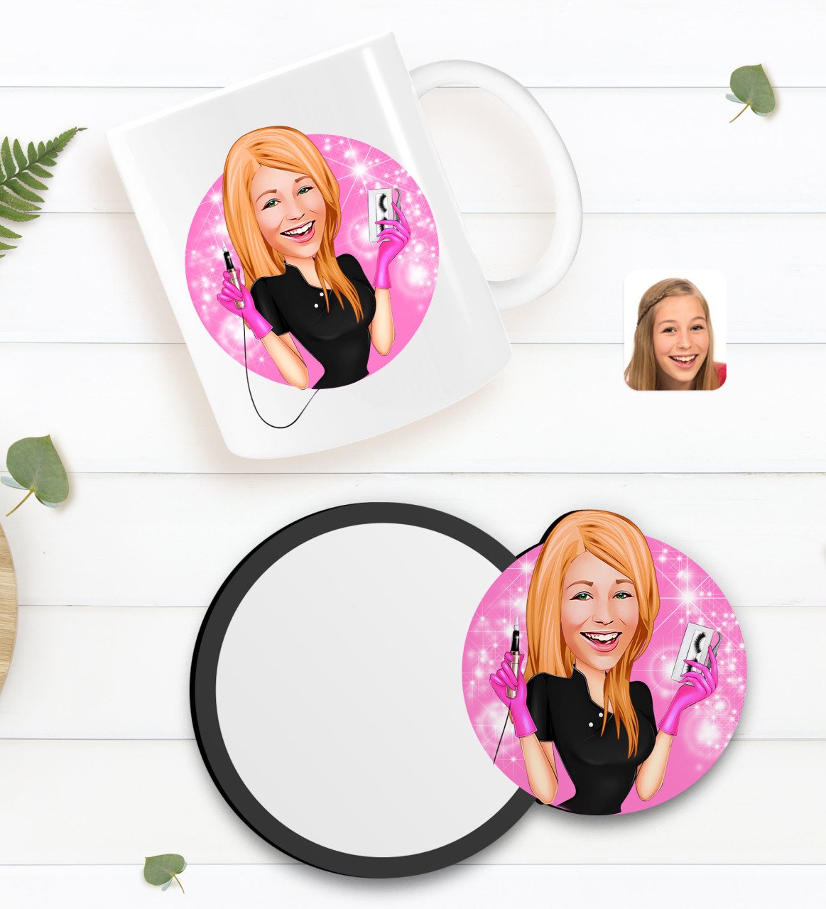 Kişiye Özel Kadın Güzellik Uzmanı Karikatürlü Beyaz Kupa ve Ahşap Bardak Altlığı Hediye Seti-3