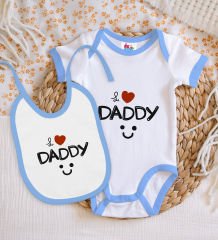 BK Kids I Love Daddy Tasarımlı Mavi Bebek Body Zıbın ve Mama Önlüğü Hediye Seti-1