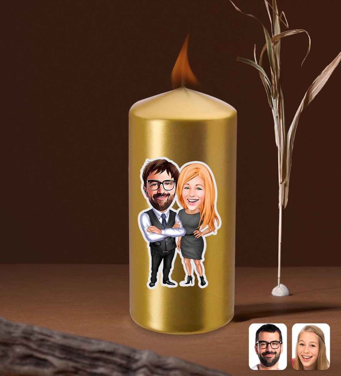 Kişiye Özel Sevgililer Karikatürlü Gold Blok Mum-100