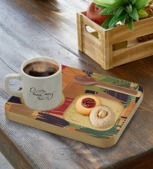 Kişiye Özel Doğal Ahşap Sunum Tabağı ve Türk Kahvesi Fincanı Hediye Seti - Model 4