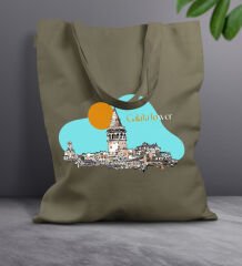 BK Gift İstanbul Tasarımlı-7 Haki Kumaş Bez Çanta, Baskılı Omuz Çantası, Alışveriş Çantası, Arkadaşa Hediye