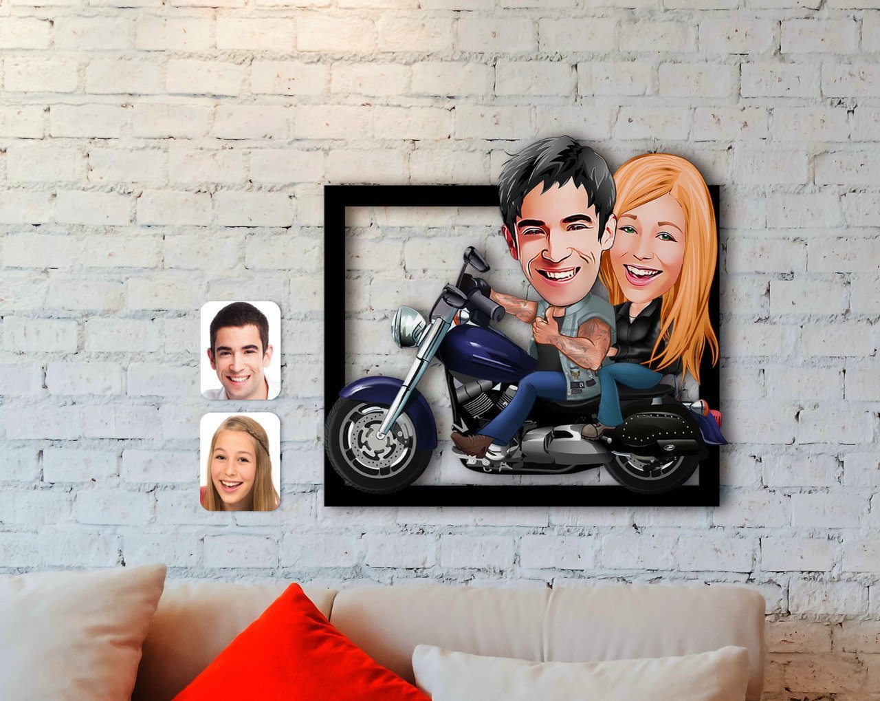 Kişiye Özel Motorcu Sevgililer Karikatürlü 3D Ahşap Tablo-1