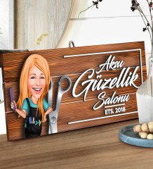 BK Gift Kişiye Özel Güzellik Salonu Karikatürlü Dekoratif Ahşap Tabela