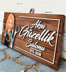 BK Gift Kişiye Özel Güzellik Salonu Karikatürlü Dekoratif Ahşap Tabela