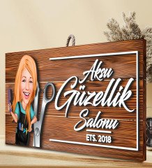 BK Gift Kişiye Özel Güzellik Salonu Karikatürlü Dekoratif Ahşap Tabela