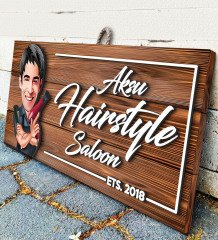 BK Gift Kişiye Özel Hairstyle Saloon Karikatürlü Dekoratif Ahşap Tabela