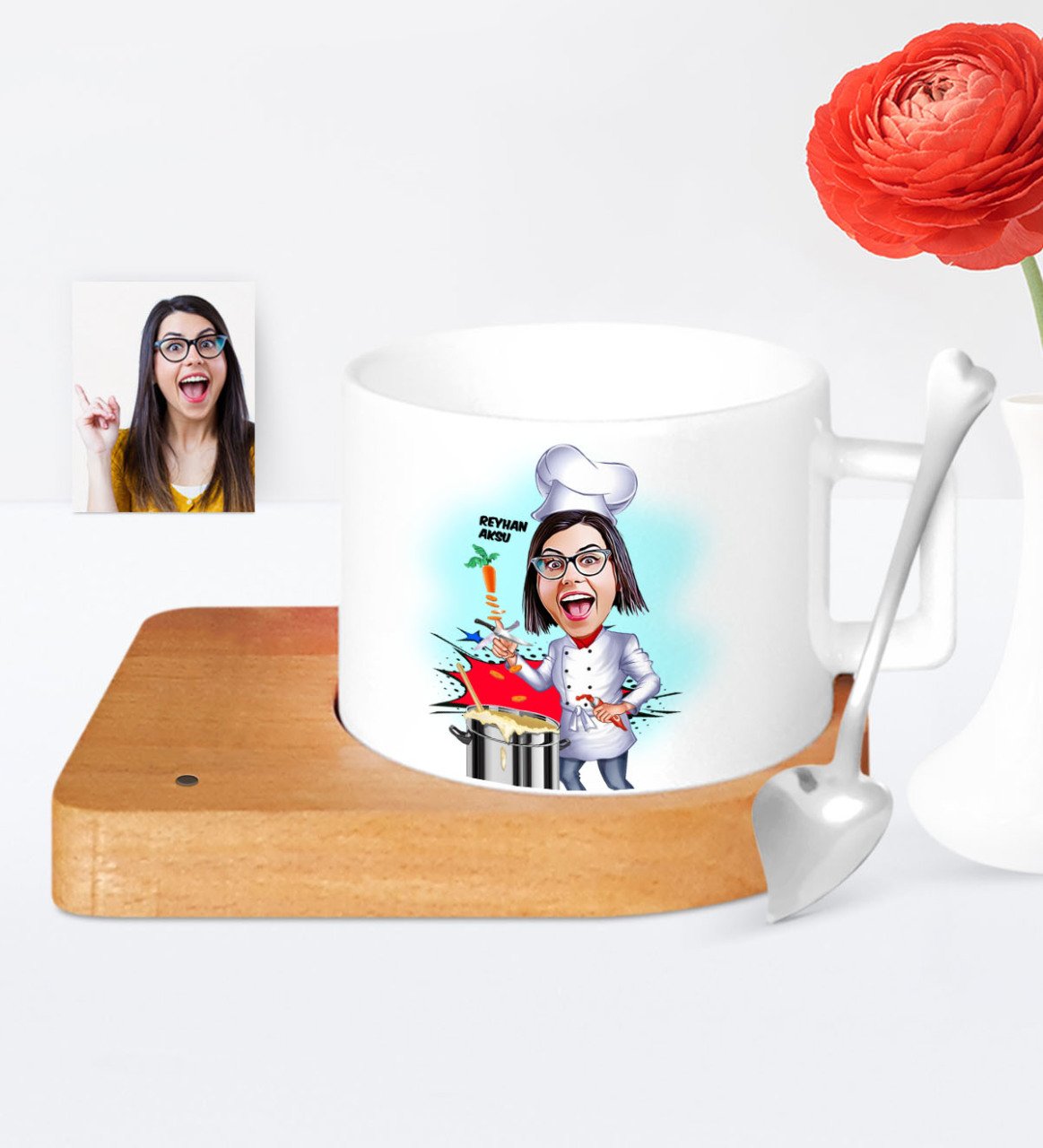 Kişiye Özel Chef Karikatür Ahşap Altlıklı Seramik Fincan - 2