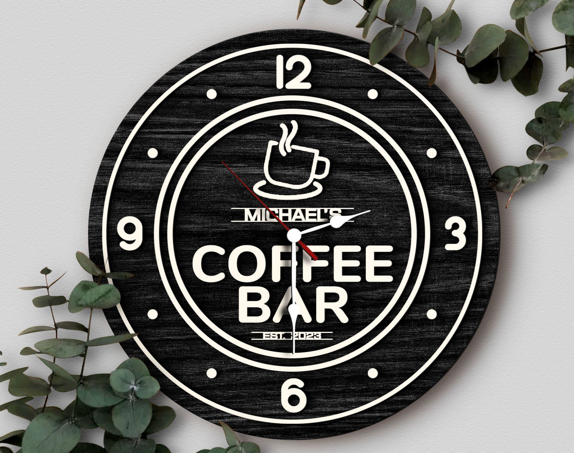 BK Gift Kafelere Özel Dekoratif Siyah Ahşap Duvar Saati 35cm-5 , Bar Duvar Saati , Cafe Duvar Saati , Özel Ahşap Saat