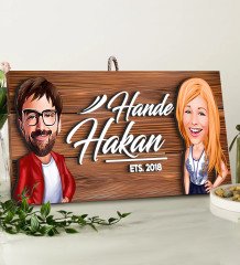 BK Gift Kişiye Özel Sevgililer Karikatürlü Dekoratif Ahşap Tabela