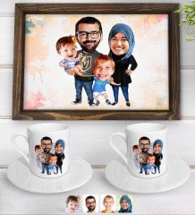 Kişiye Özel Tesettürlü Aile Karikatürlü Doğal Ahşap Tepsi ve 2’li Kahve Fincan Seti-3