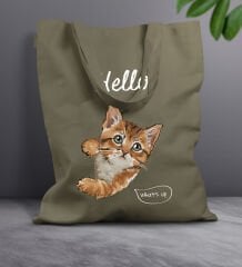 BK Gift Kedi Tasarımlı-4 Haki Kumaş Bez Çanta, Baskılı Omuz Çantası, Alışveriş Çantası, Arkadaşa Hediye