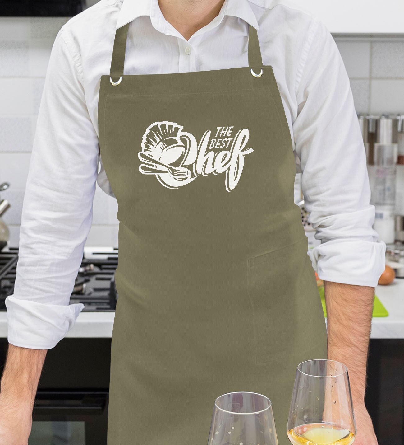 BK Gift Profesyonel The Best Chef Tasarımlı Haki Yeşil Mutfak Önlüğü, Aşçı Önlüğü, Şef Önlüğü, Ev Hediyesi, Arkadaşa Hediye-3