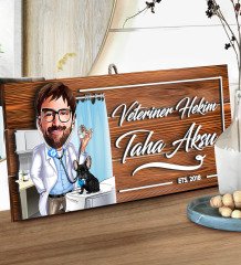 BK Gift Kişiye Özel Veteriner Hekim Karikatürlü Dekoratif Ahşap Tabela