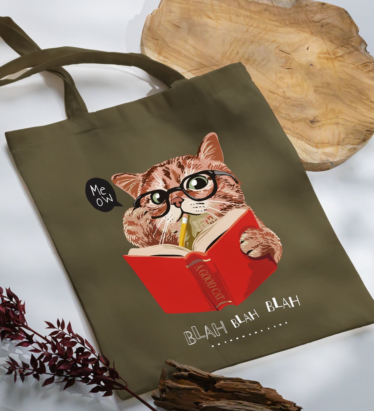 BK Gift Kedi Tasarımlı-5 Haki Kumaş Bez Çanta, Baskılı Omuz Çantası, Alışveriş Çantası, Arkadaşa Hediye