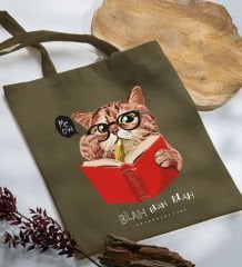 BK Gift Kedi Tasarımlı-5 Haki Kumaş Bez Çanta, Baskılı Omuz Çantası, Alışveriş Çantası, Arkadaşa Hediye