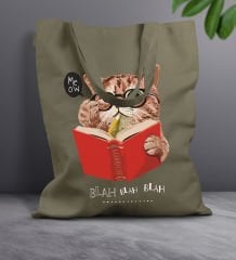 BK Gift Kedi Tasarımlı-5 Haki Kumaş Bez Çanta, Baskılı Omuz Çantası, Alışveriş Çantası, Arkadaşa Hediye
