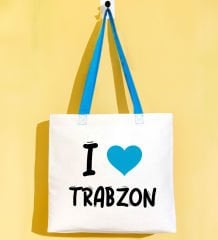 BK Gift I Love Trabzon Turkuaz Renkli Kulp Gabardin Bez Çanta 40x35cm, Baskılı Omuz Çantası, Alışveriş Çantası, Plaj Çantası
