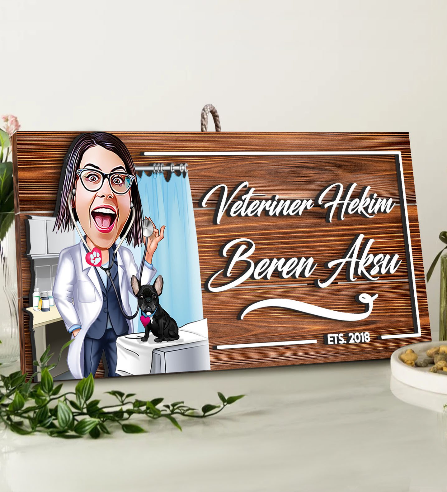 BK Gift Kişiye Özel Veteriner Hekim Karikatürlü Dekoratif Ahşap Tabela-2