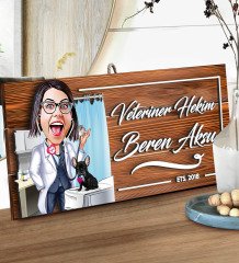 BK Gift Kişiye Özel Veteriner Hekim Karikatürlü Dekoratif Ahşap Tabela-2