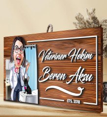 BK Gift Kişiye Özel Veteriner Hekim Karikatürlü Dekoratif Ahşap Tabela-2