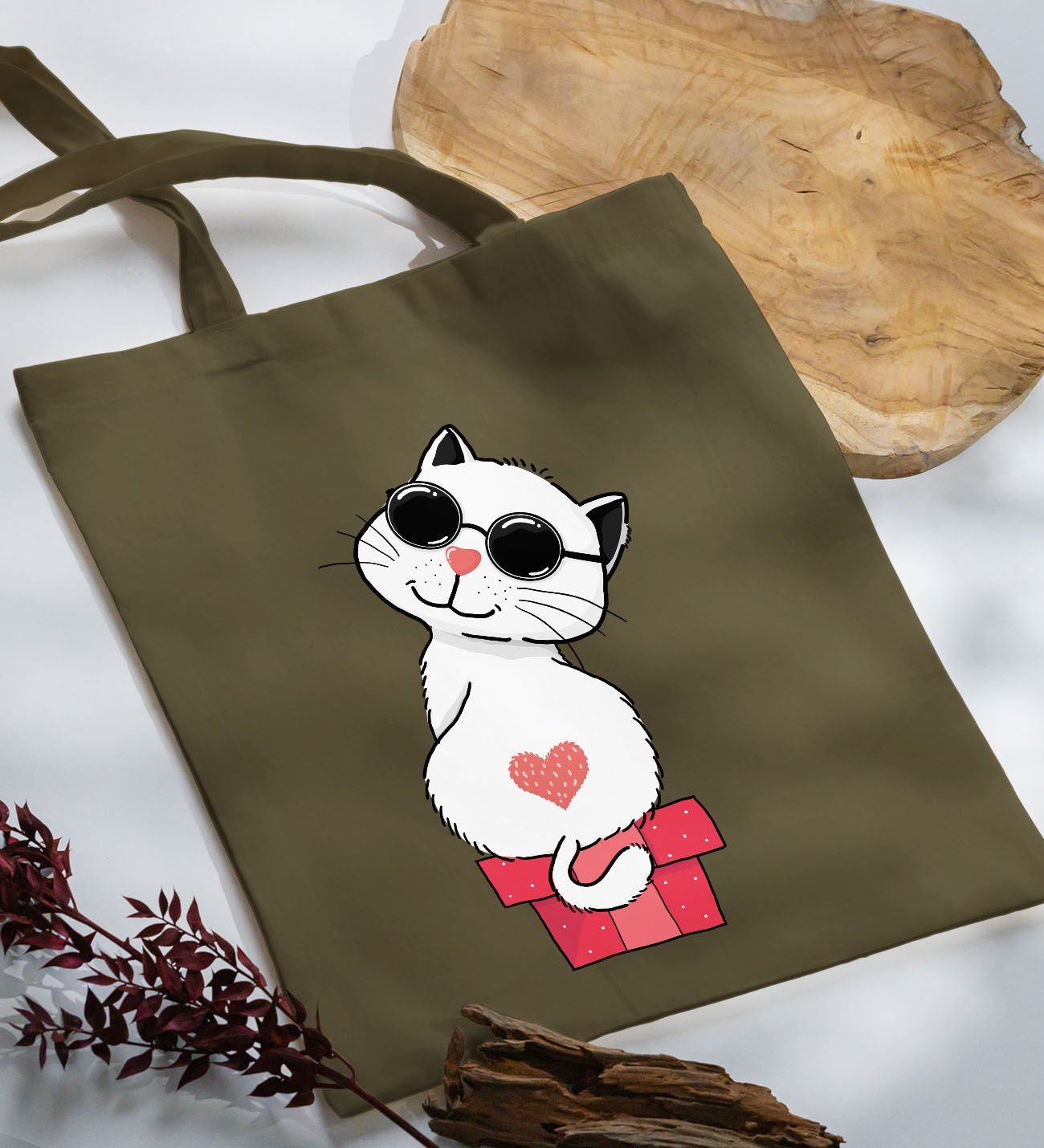 BK Gift Kedi Tasarımlı-6 Haki Kumaş Bez Çanta, Baskılı Omuz Çantası, Alışveriş Çantası, Arkadaşa Hediye