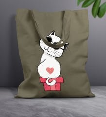 BK Gift Kedi Tasarımlı-6 Haki Kumaş Bez Çanta, Baskılı Omuz Çantası, Alışveriş Çantası, Arkadaşa Hediye
