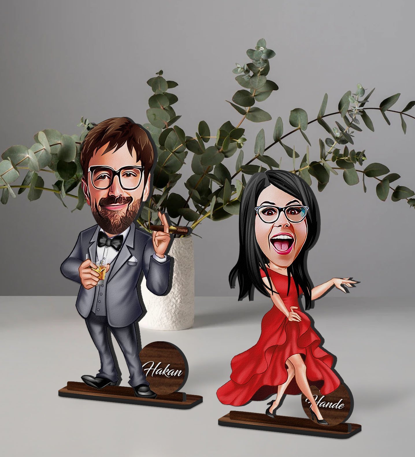 BK Gift Kişiye Özel Sevgili Karikatürlü Ahşap Biblo Seti Model-1