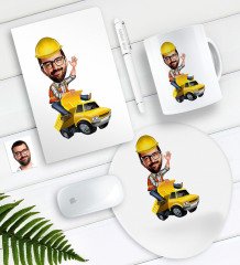 Kişiye Özel Bay Yol Mühendisi Karikatürlü Defter Kalem Kupa Mouse Pad Seti