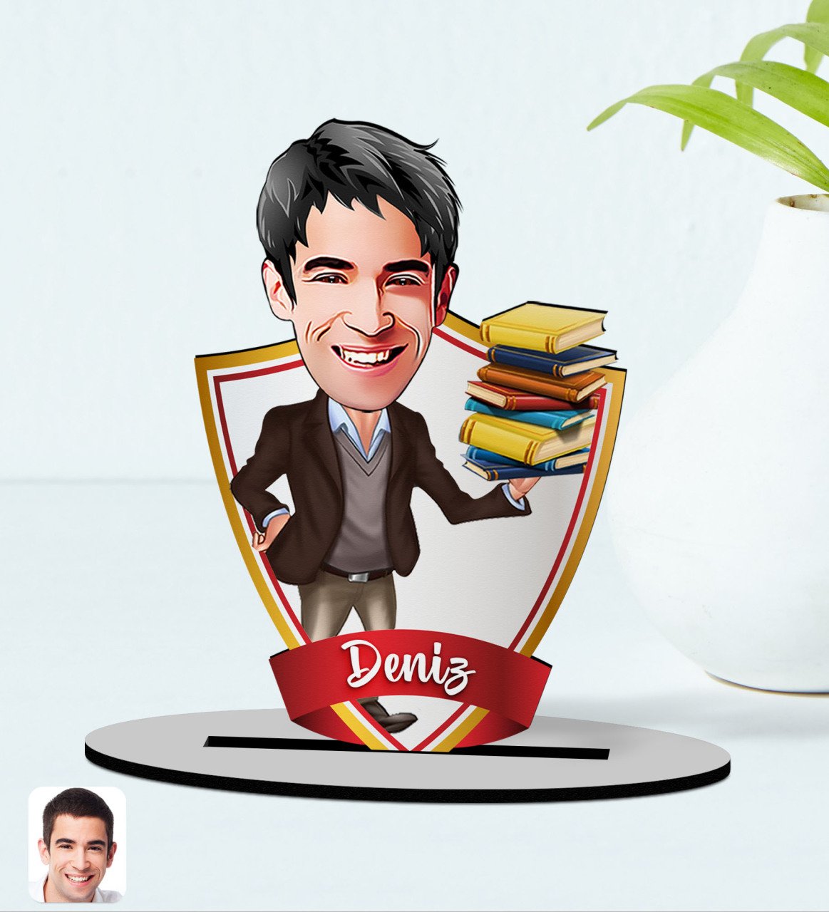 Kişiye Özel İsimli Erkek Öğretmen Karikatürlü Ahşap Biblo Model