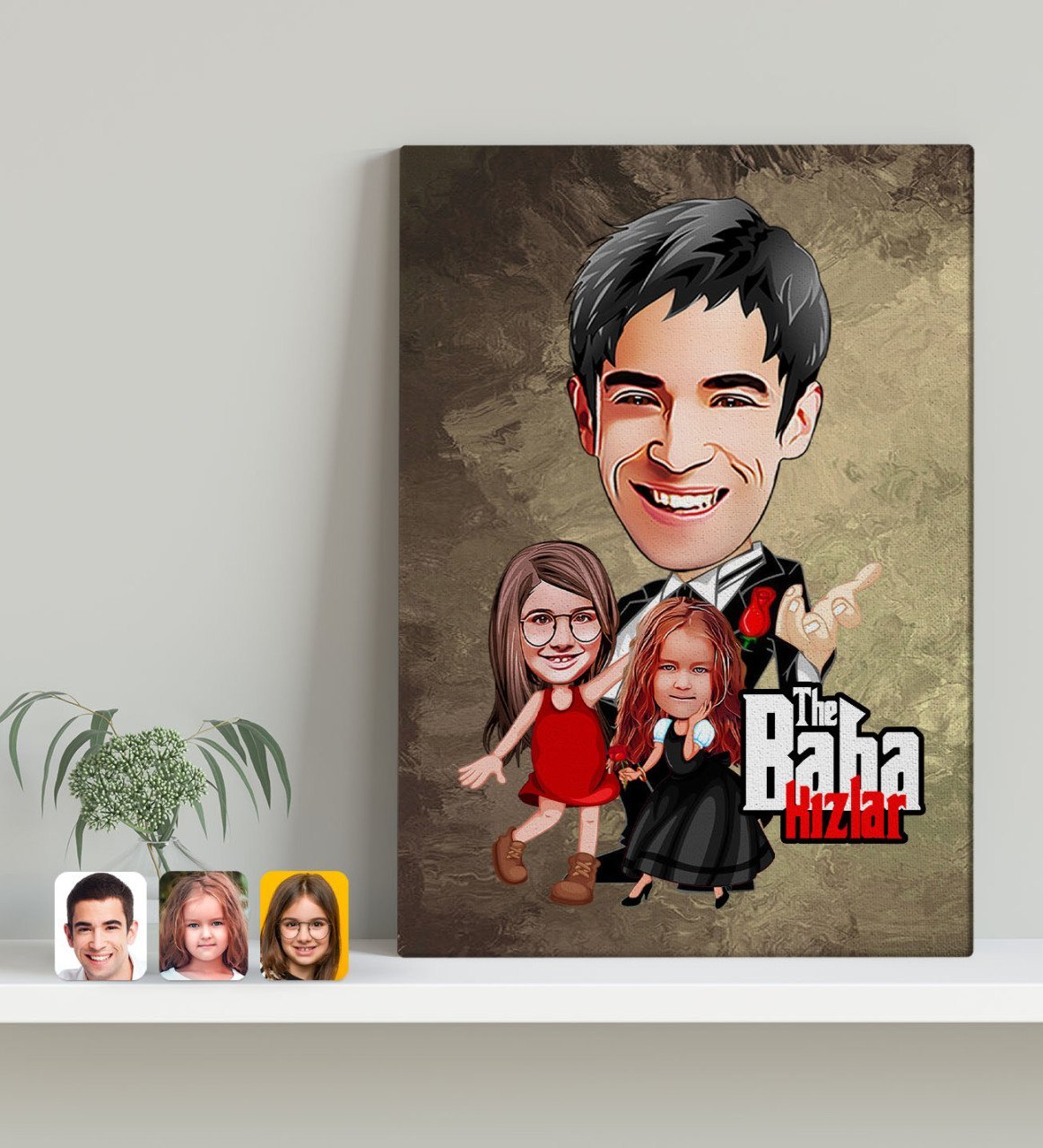 Kişiye Özel Godfather Baba ve Kızlar Karikatürlü Kanvas Tablo 30x50cm-1