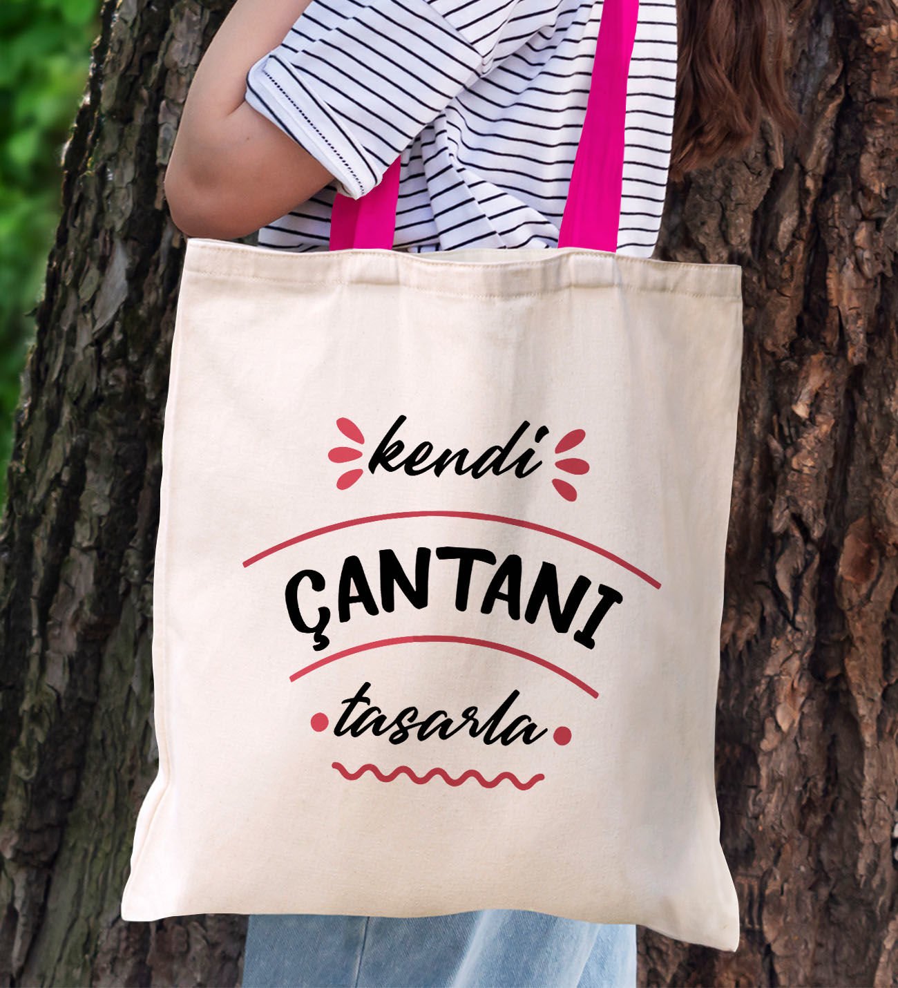 BK Gift Kişiye Özel Kendin Tasarla Fuşya Renkli Kulp  ve İç Cepli Kanvas Bez Çanta 35x40cm, Baskılı Omuz Çantası, Alışveriş Çantası, Plaj Çantası