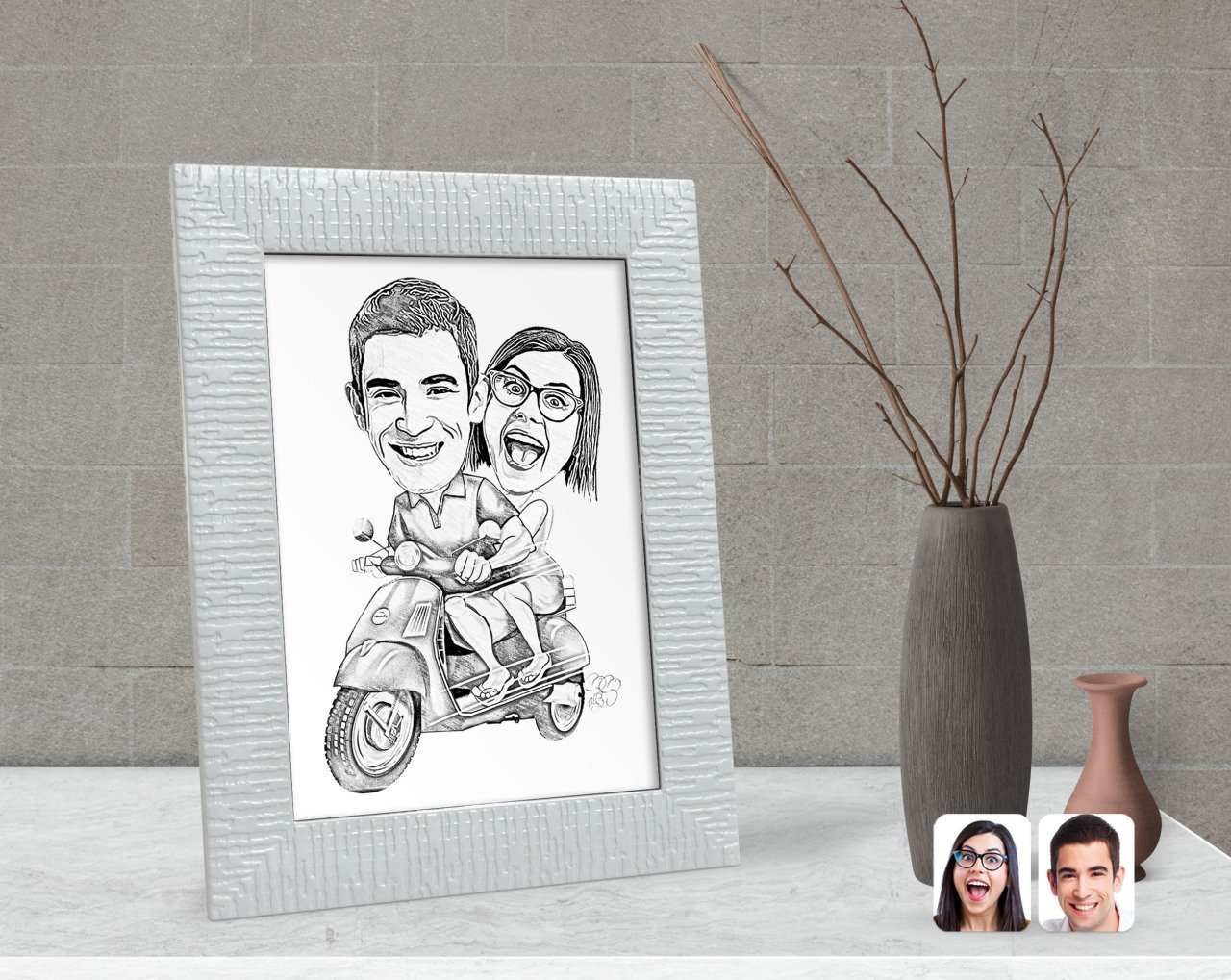 Kişiye Özel Karakalem Sevgililer Karikatürlü Dekoratif Çerçeve-11