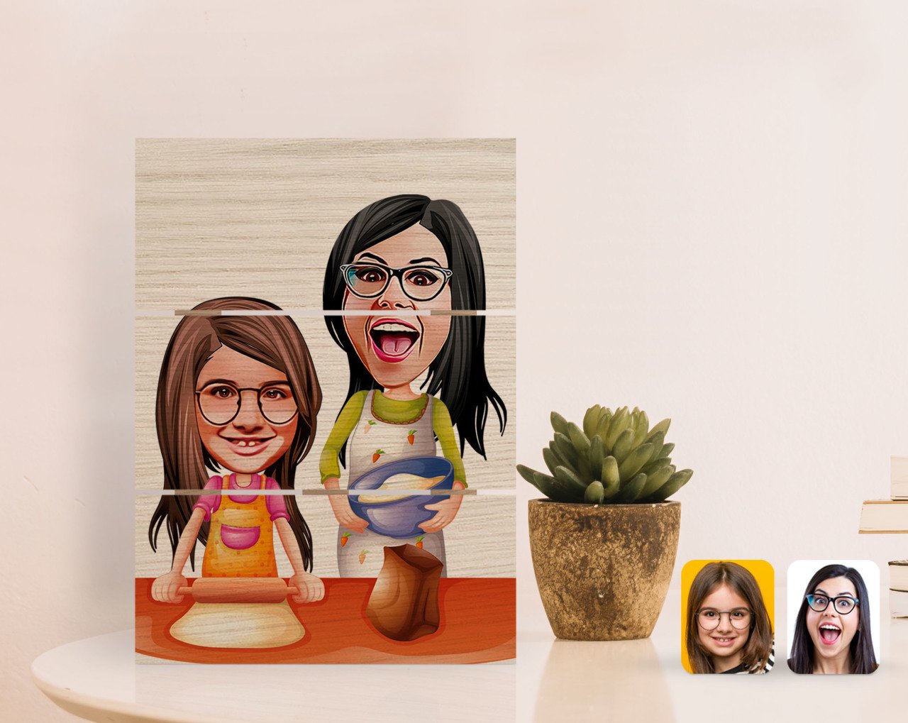 Kişiye Özel Anne Kız Karikatürlü Otantik Masaüstü Ahşap Palet Çerçeve-2