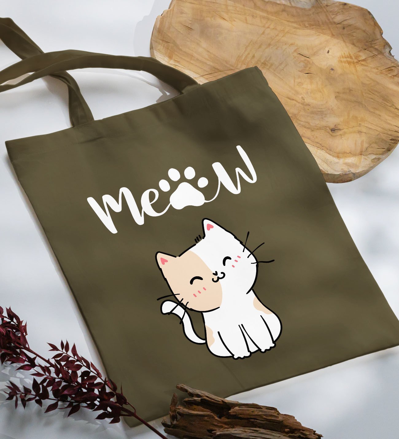 BK Gift Kedi Tasarımlı-11 Haki Kumaş Bez Çanta, Baskılı Omuz Çantası, Alışveriş Çantası, Arkadaşa Hediye