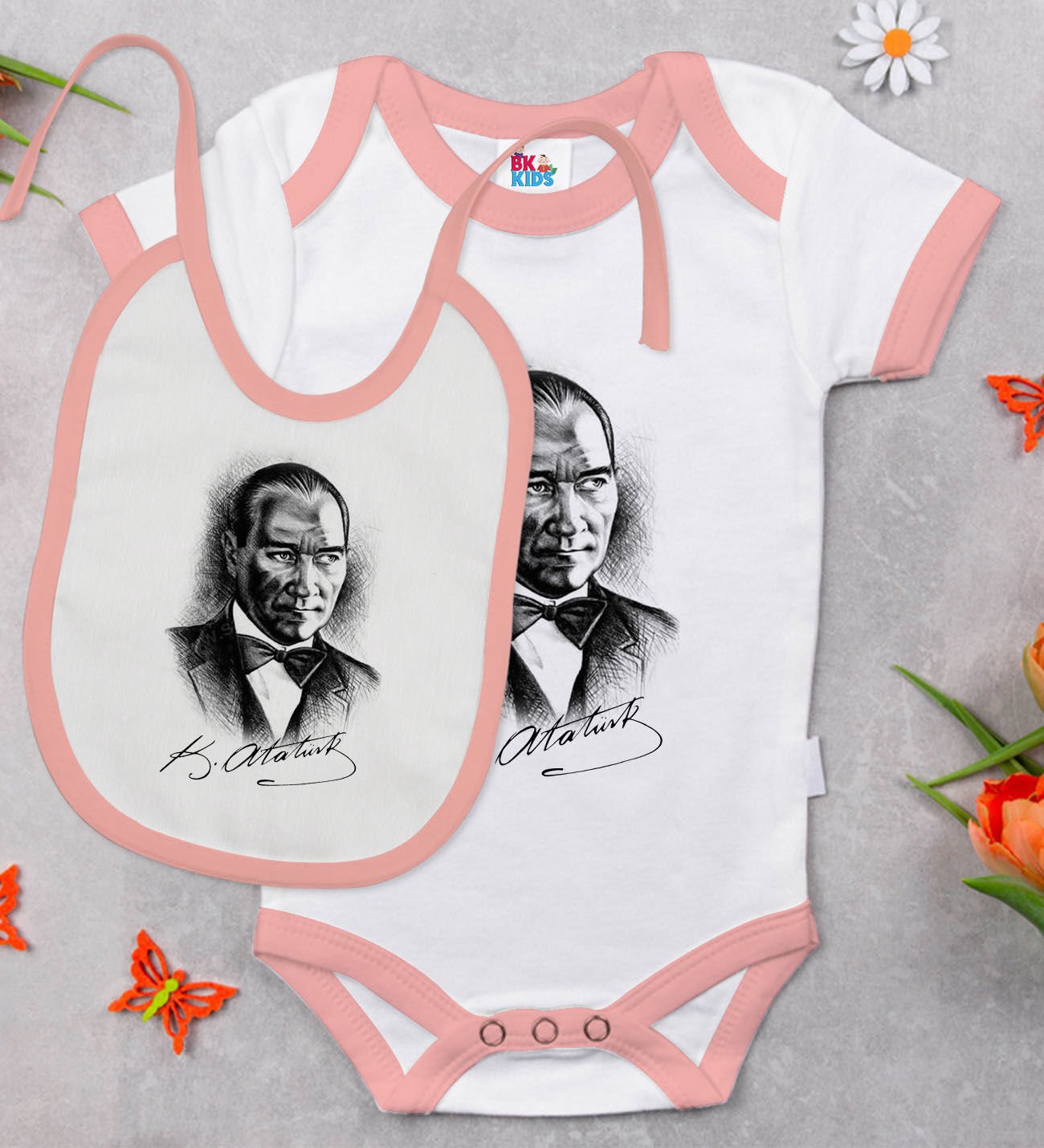 BK Kids Atatürk Temalı Pembe Bebek Body Zıbın ve Mama Önlüğü Hediye Seti-14
