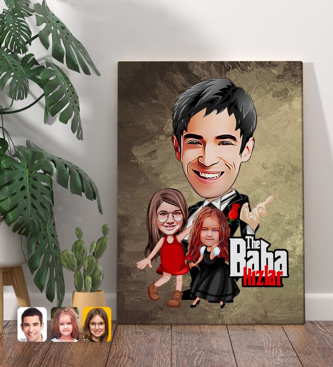 Kişiye Özel Godfather Baba ve Kızlar Karikatürlü Kanvas Tablo 70x100cm-1