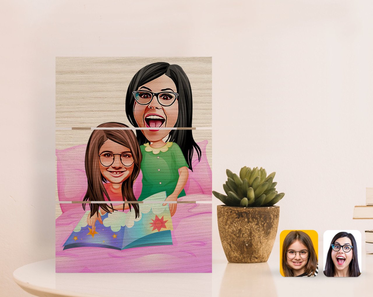 Kişiye Özel Anne Kız Karikatürlü Otantik Masaüstü Ahşap Palet Çerçeve-3