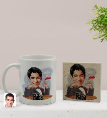 Kişiye Özel Baba Godfather Karikatürlü Beyaz Kupa Bardak ve Ahşap Bardak Altlığı Hediye Seti - Model 6