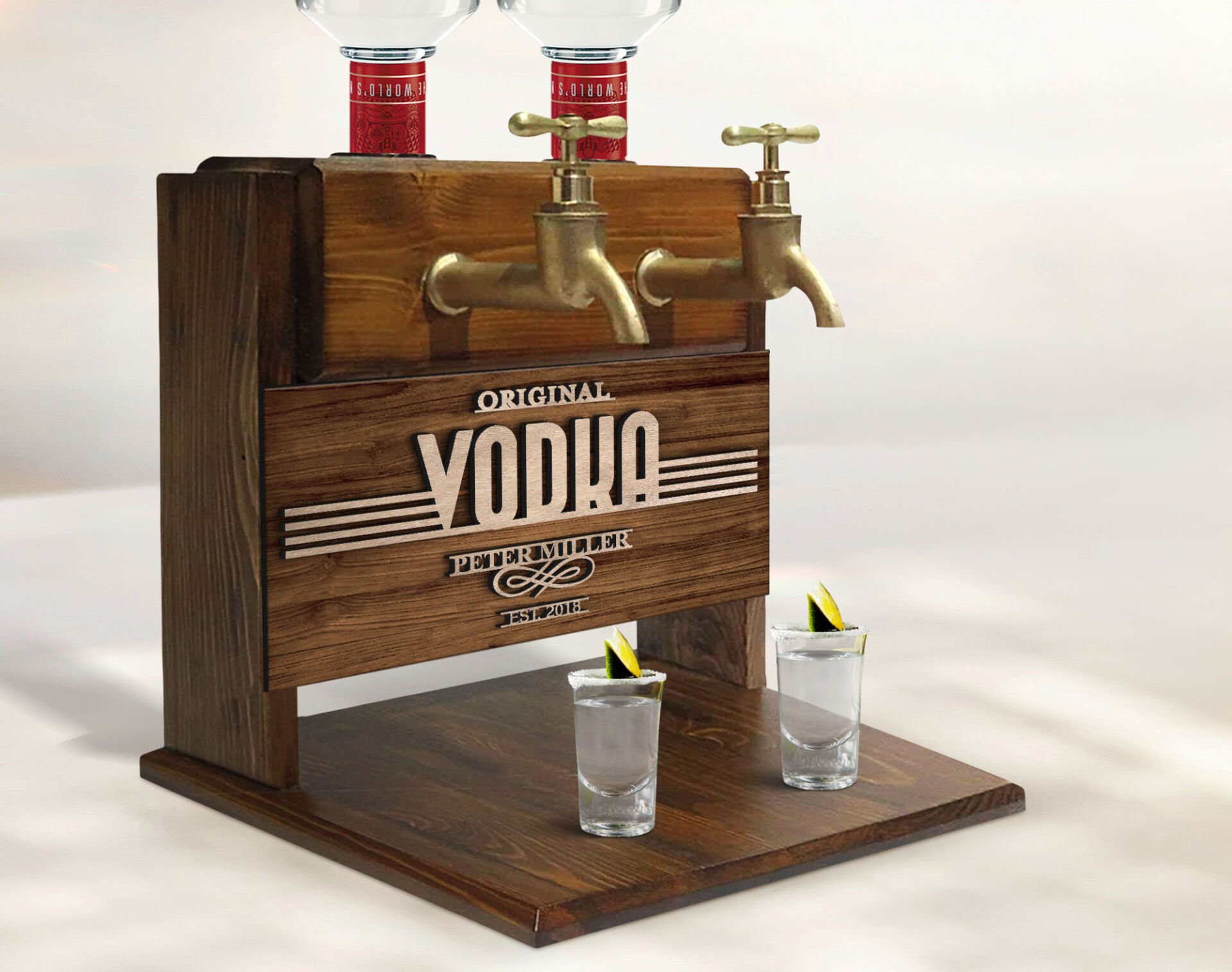 BK Gift Kişiye Özel Kabartma İsimli Çift Musluklu Doğal Ahşap Vodka Standı, İçki Standı, Doğum Günü Hediyesi, Ev Hediyesi, Erkek Hediye-2