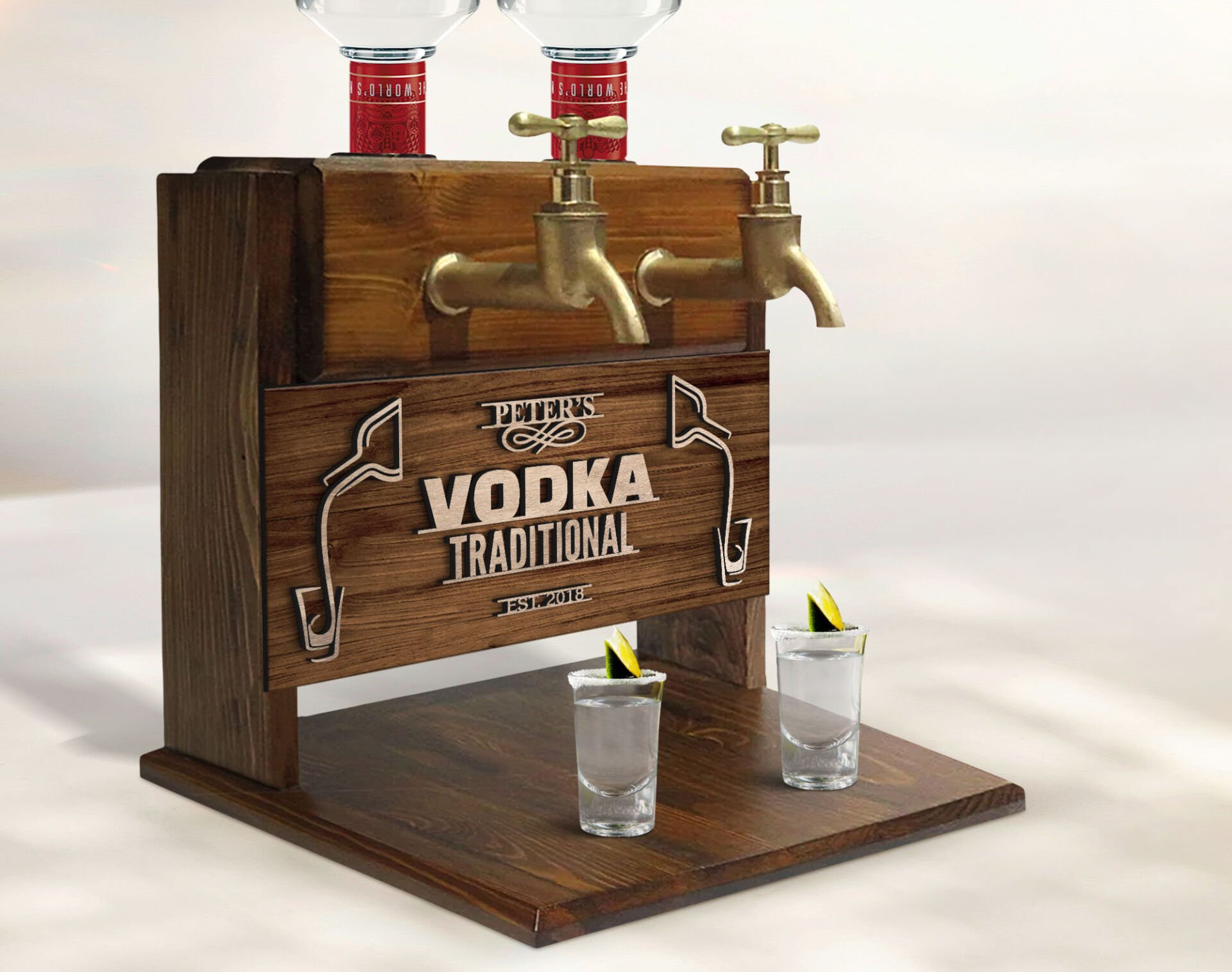 BK Gift Kişiye Özel Kabartma İsimli Çift Musluklu Doğal Ahşap Vodka Standı, İçki Standı, Doğum Günü Hediyesi, Ev Hediyesi, Erkek Hediye-3