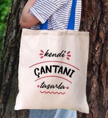 BK Gift Kişiye Özel Kendin Tasarla Saks Mavi Renkli Kulp  ve İç Cepli Kanvas Bez Çanta 35x40cm, Baskılı Omuz Çantası, Alışveriş Çantası, Plaj Çantası