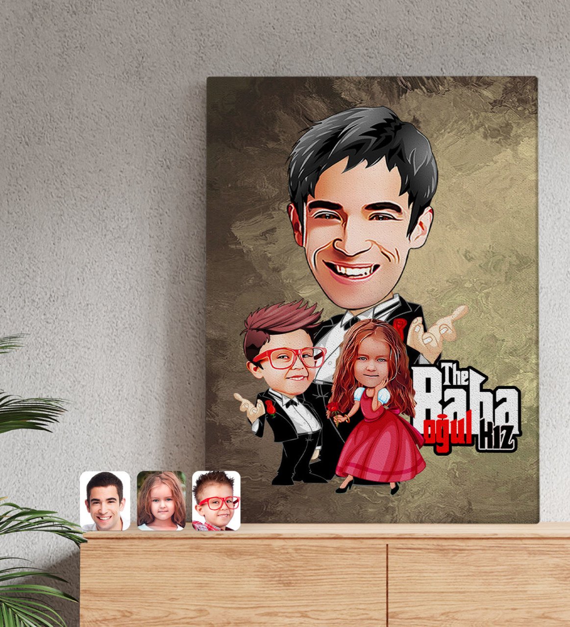 Kişiye Özel Godfather Baba Oğul ve Kız Karikatürlü Kanvas Tablo 50x70cm-1